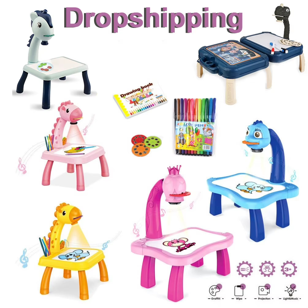 Kids Painting Board Toys Children LED Projector Art Painting Table Desk Arts Toy Educational Learning Paint Tool Toy for Girl